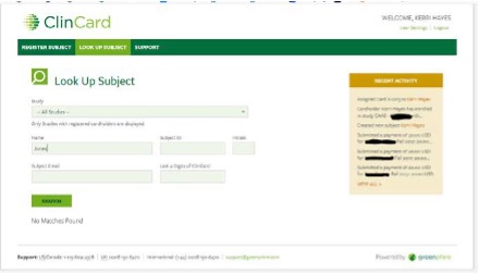 the administrative screen for the Clincard look up subject task